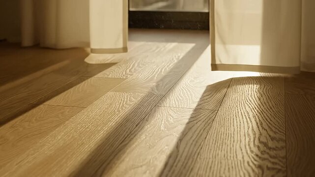 Sunlight Streaming Through Curtains on Wooden Floor.