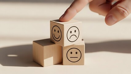 Evaluating customer satisfaction with wooden blocks showing varying facial expressions