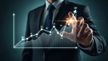 Business professional interacting with a digital growth chart and data visualization