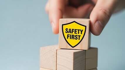Prioritizing security a wooden block tower with a safety first shield symbol