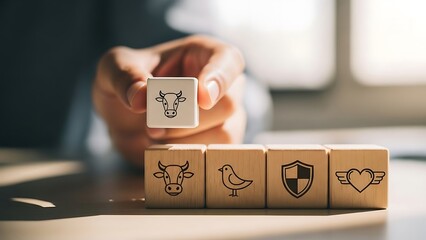 Wooden blocks featuring farm animal illustrations in a close up perspective