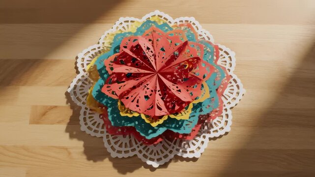 Folding Colorful Paper Doilies Into Flower Craft Design Art Creation