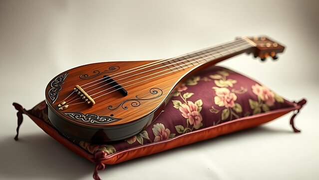 pipa. Ornate pear-shaped pipa lute resting on an embroidered silk cushion. event programs, museum guides, designed for cultural heritage projects and event programs, supports education.