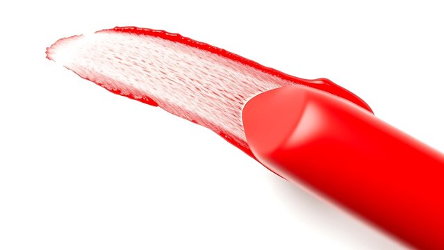 walgreens. Bright red lipstick texture smear, showcasing creamy cosmetic product detail on a clean white background. lifestyle magazines.