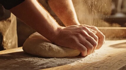 Bakers Hands Kneading Fresh Dough on a Wooden Table with Flour.