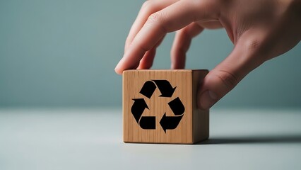 Hand placing wooden block with recycling symbol on top of another block