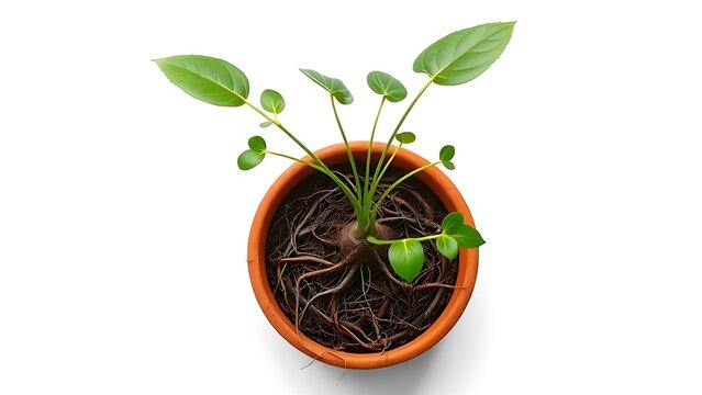constriction. A root-bound plant in a terracotta pot, roots circling inside, top-down view. gardening catalogs, home-decor guides, designed for gardening and botanical catalogs.