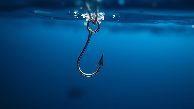 limnetic. Close-up of a metallic fish hook submerged in clear blue water. wildlife magazines, conservation campaigns, designed for eco-tourism storytelling, celebrates biodiversity.