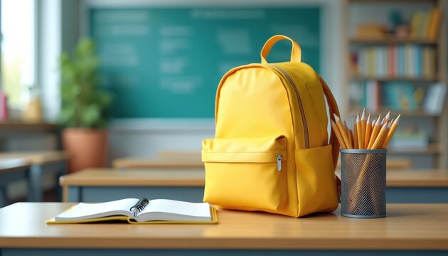 Bright yellow backpack sits on desk in empty classroom next to notebook and pencils. Background shows chalkboard and bookshelves. Ready for students to start learning.