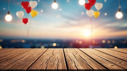 Sunset scene with wooden deck and colorful lanterns