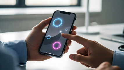 Man's hands interact with a smartphone displaying a futuristic interface with glowing circles