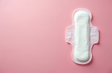 Sanitary pad with wings lies on pink surface. Absorbent hygiene product for feminine care during menstruation cycle. Feminine protection for monthly period needs.