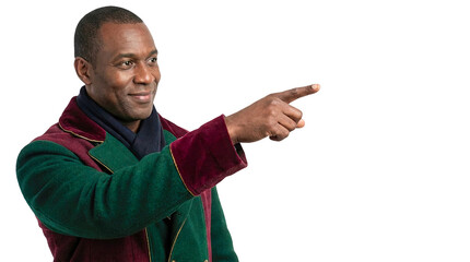 Happy African American man in green Christmas elf costume pointing finger at copy space Isolated on Transparent Background
