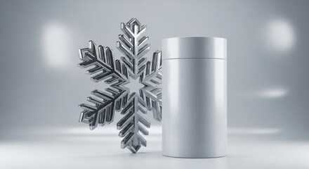Silver container with snowflake on blurred light background  