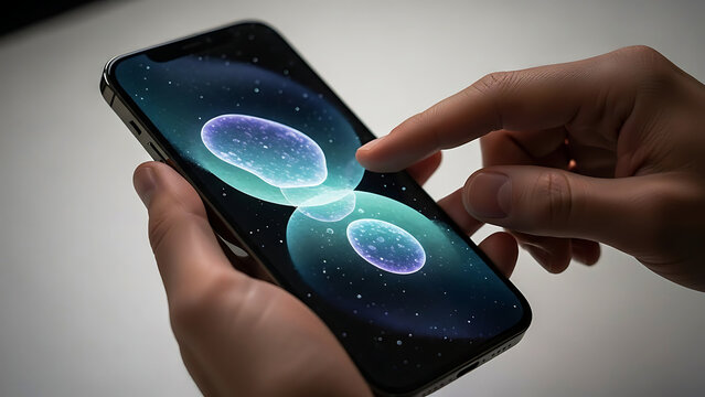 A close-up view of hands touching the screen of an iphone displaying a futuristic abstract background
