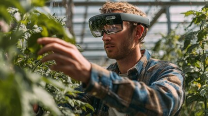 Farmer using augmented reality glasses to inspect crops in bright daylight for modern agriculture