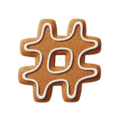 Gingerbread cookie hashtag symbol with white icing decoration Isolated on Transparent Background