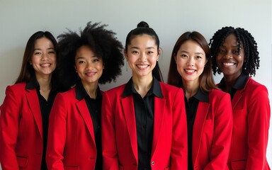 A group of diverse women in red suits and black shirts pose for a photo. High quality