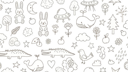 Cute Doodle Seamless Pattern with Whales, Bunnies, and UFOs on White Background © Hanaa