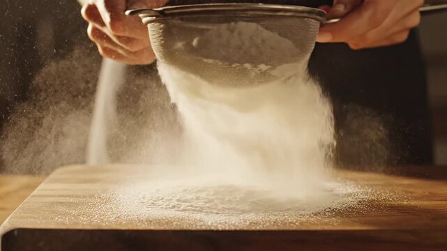 Professional Chef Sifting White Flour Through a Sieve onto a Wooden Board.