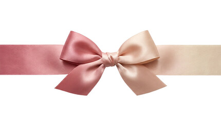 Elegant ombre satin ribbon bow with pink to cream gradient for gift wrapping and holiday decoration. Isolated on Transparent Background.