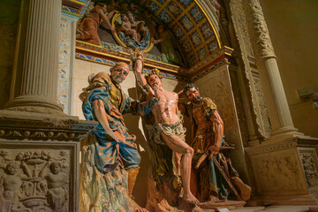 Obraz premium The Martyrdom of Saint Sebastian, a Renaissance masterpiece by Juan de Juni, is a sculptural group located in the Convent of San Francisco in Medina de Rioseco