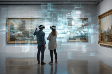 Caucasian man and woman wearing virtual reality headsets interacting with digital interface overlays while standing in modern art gallery viewing paintings
