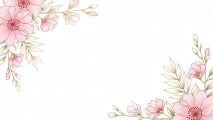 Spring floral in watercolor vector background. Luxury wallpaper design with pink flowers, line art, golden texture. Elegant gold blossom flowers illustration suitable for fabric, prints, cover.