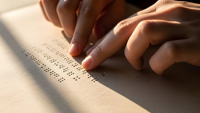 Hands Reading Braille Book in Warm Natural Light