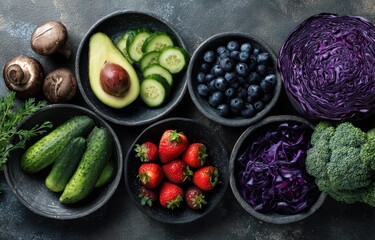 Frisches Gem&uuml;se und Obst in Schalen auf dunklem Hintergrund