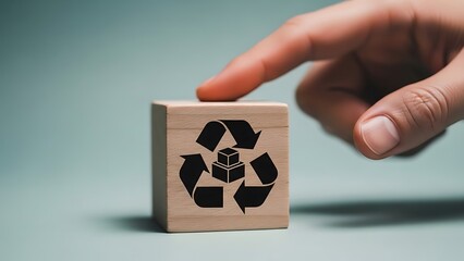 A hand interacting with a wooden recycling symbol on a table