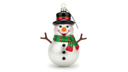 A cheerful snowman Christmas ornament featuring a top hat, green scarf, and carrot nose, isolated on a white background for holiday themes.