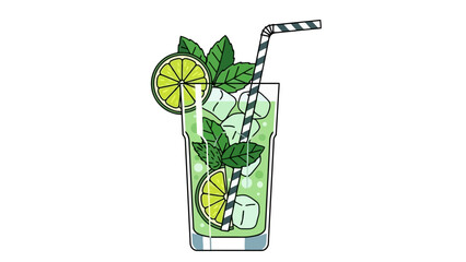 Refreshing Mojito Drink with Lime and Mint, Summer Cocktail Illustration © Myanee