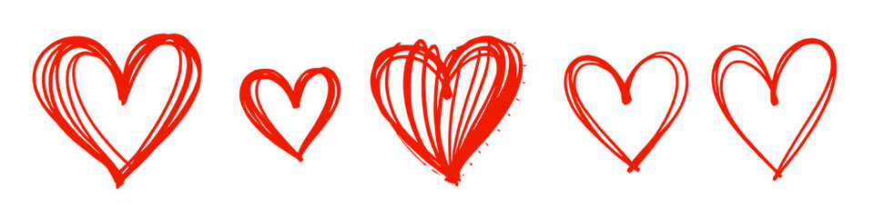 Set of hand drawn red heart outlines with sketch and doodle style strokes representing love romance and Valentine&rsquo;s Day isolated on white background.