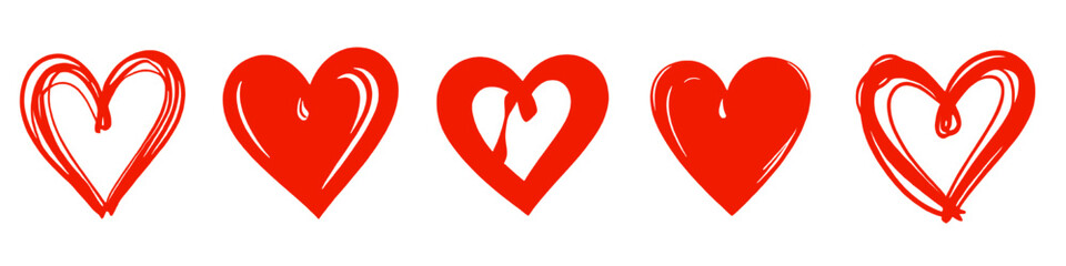 Collection of red heart shapes in hand drawn outline and solid styles representing love romance and Valentine themes isolated on white background.
