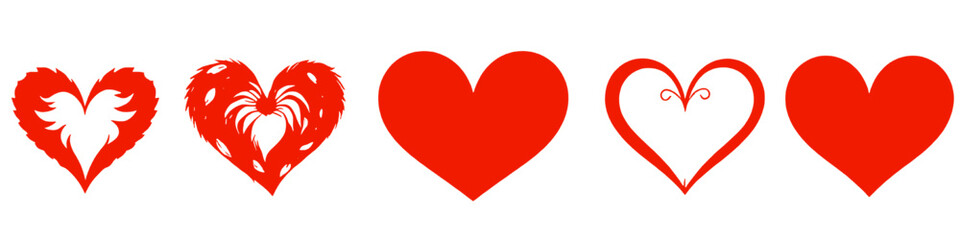 Red Heart Collection: A series of vibrant red hearts in various unique designs arranged in a row. A celebration of love and affection.