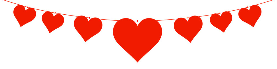 Red heart garland with hanging heart shapes on a string isolated on white background representing love romance celebration and valentines day