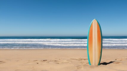 Tranquil Beach Scene with Surfboard in Center, Blue Sky, Ocean Waves, and Soft Light Brown Sand