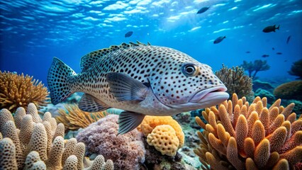 A spotted fish glides through a vibrant coral reef ecosystem, bathed in the shimmering blue light of the ocean depths.
