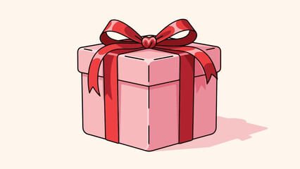 Pink Gift Box with Red Ribbon and Heart Bow on a Light Background