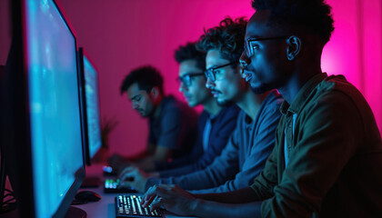 Four men focus on computer screens. They are typing and coding in a room with neon pink and blue lights. Diverse team works together on a tech project.