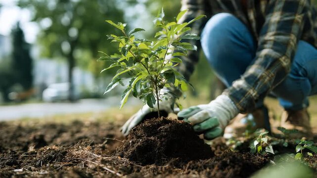 Close up of hands in gloves planting a small tree in the ground, symbolizing reforestation and sustainability. The background features lush greenery and soft natural light, evoking hope and renewal