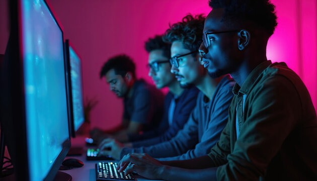Four men focus on computer screens. They are typing and coding in a room with neon pink and blue lights. Diverse team works together on a tech project. - Powered by Adobe