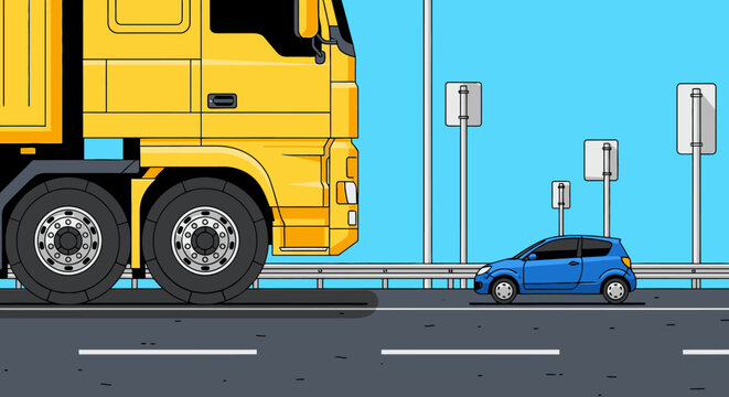 A massive yellow dump truck looms over a small blue car on a busy highway, illustrating the scale difference in modern road transport.