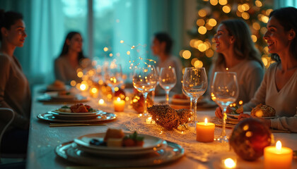 Fototapeta premium People celebrate holiday dinner at home table with candles and glowing lights. Friends and family enjoy festive meal together in cozy warm atmosphere, share happy moments and conversation at evening.