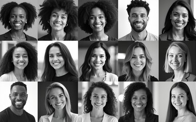 Black, white mosaic collage portrait of multiracial smiling business people faces. Happy modern diverse team collection. Successful business, team, career, diversity concept in monochrome. Company