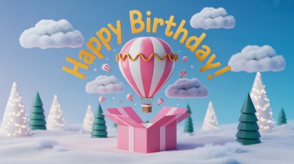 Birthday Gift of Flight: A delightful visual that captures the essence of celebration, featuring a festive scene of a hot air balloon emerging from a gift box, ascending towards the sky.