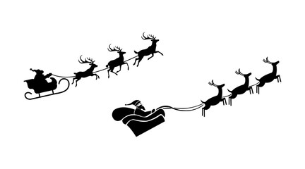 Santa claus sleigh and reindeer silhouette flying in the sky.