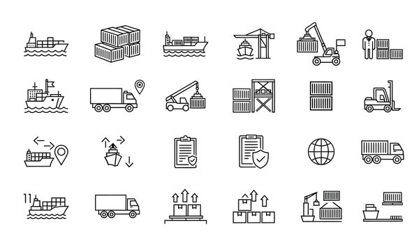 International trading icon pack collection set for export import of goods and services. With global trade, market exchange, trade route, international deal, currency swap, supply chain, logistics
