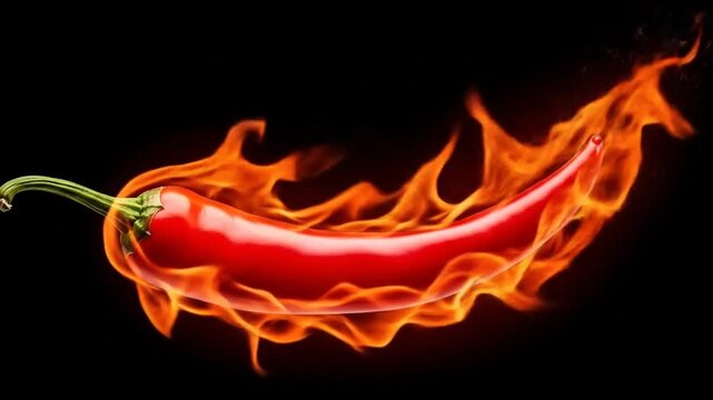 Red chili pepper ablaze with bright orange flames against a dark background, radiating intense heat